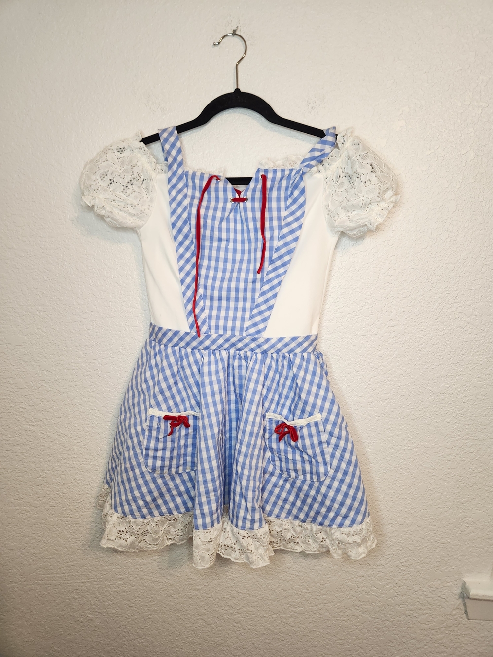 Wizard of Oz Blue Gingham Lace-Up Costume Dress with Red Ribbon Accents XS